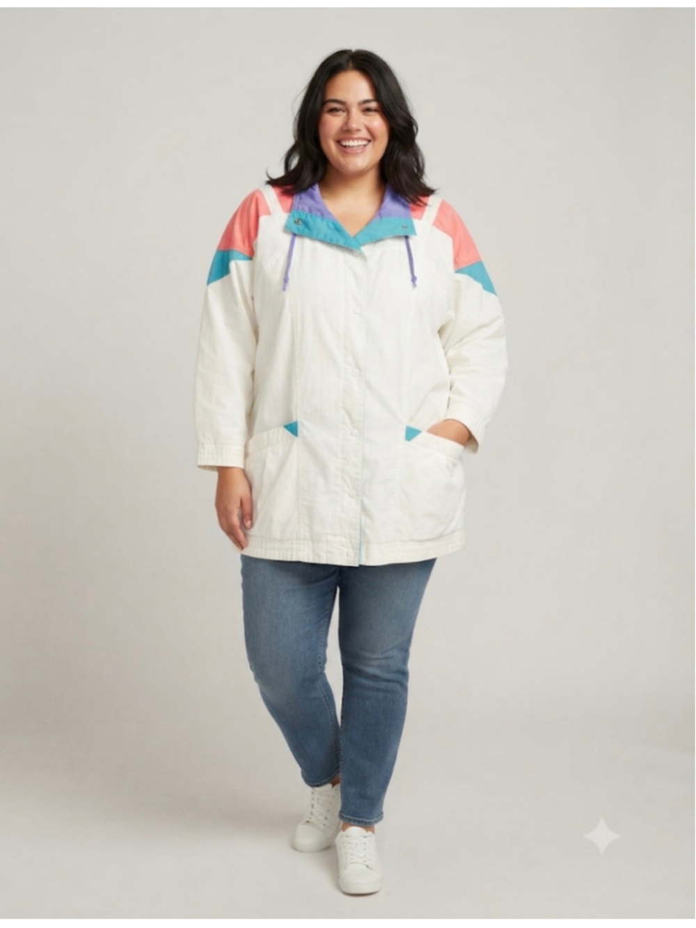 Vintage Colorblock Lined Windbreaker White Coral Teal Purple Size 18W